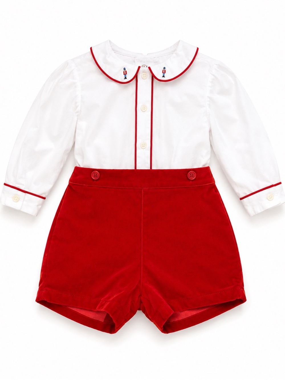 Edgehill Collection Classic White Blouse with Red Velvet Kids Shorts Set